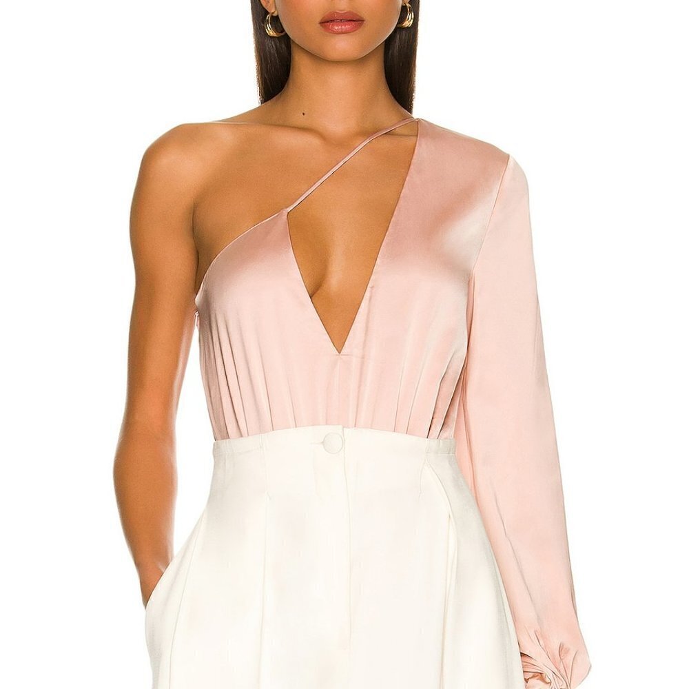 NBD Greer silky one shoulder bodysuit champagne blush pink strappy new Medium